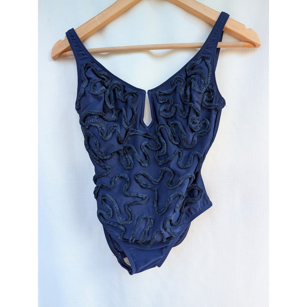 La Bianca Vtg One Piece Swimsuit Womens 10 Navy Blue Ruffle Plunge Notched USA